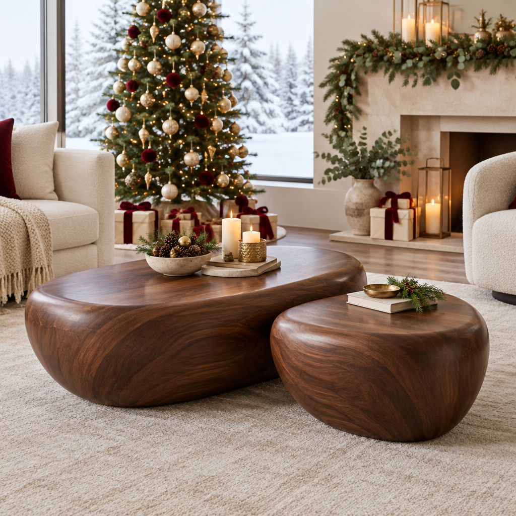 Atelier Pebble Nesting Coffee Tables in a Christmas home