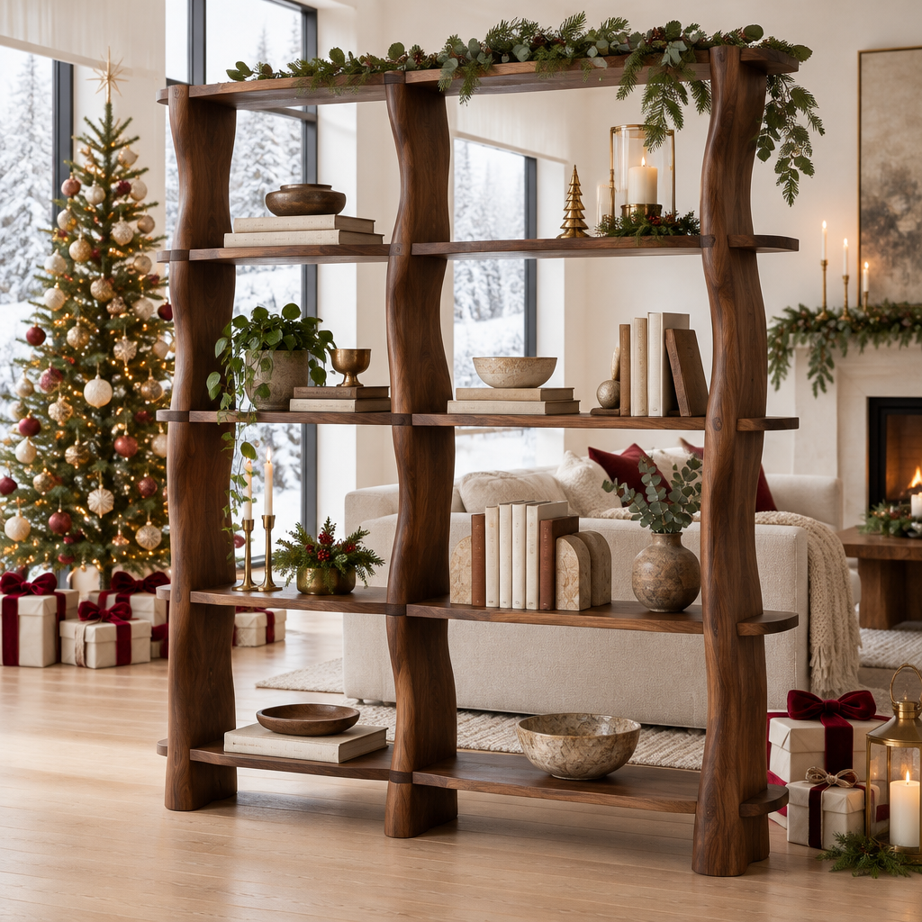 Atelier Wave Room-Divider Bookshelf in a Christmas home