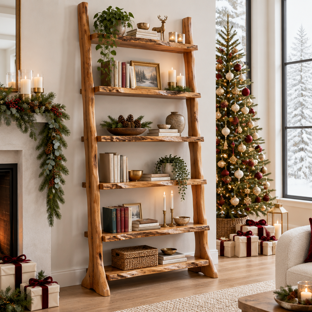 Riverbend Live-Edge Ladder Bookshelf in a Christmas home