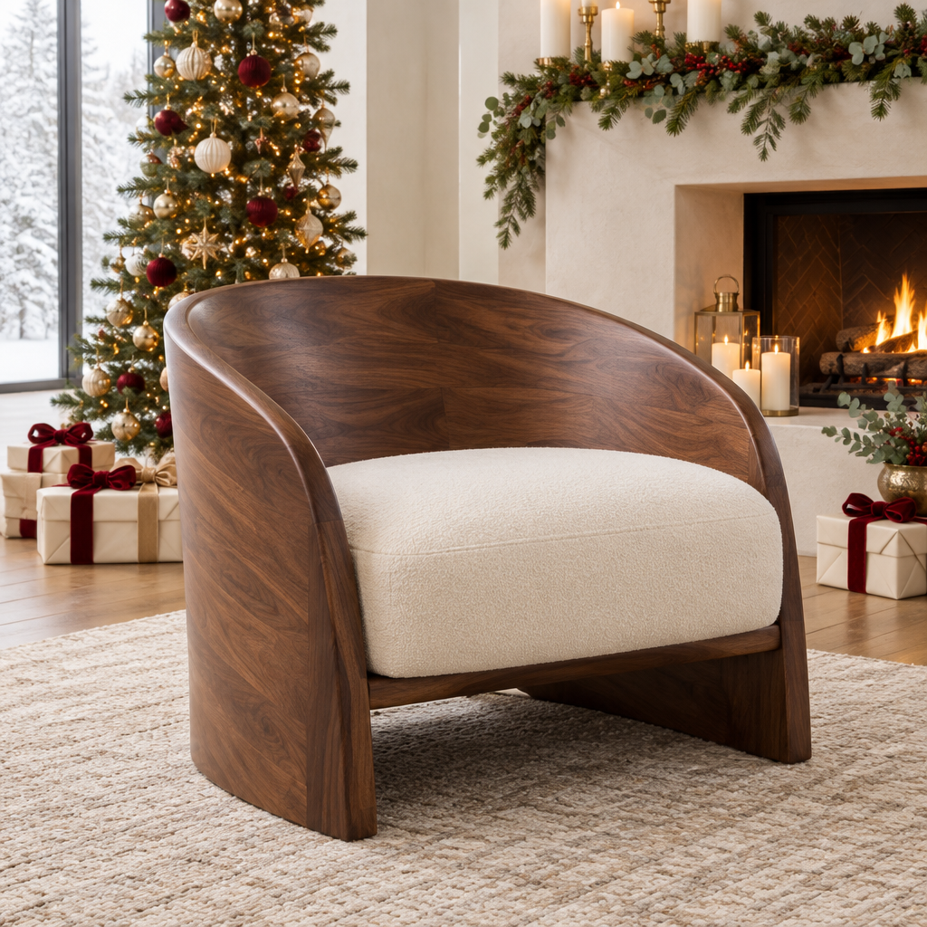 Atelier Low Barrel Lounge Chair in a Christmas home