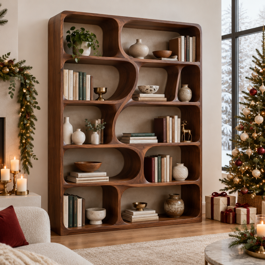 Atelier Symmetric Curve Bookshelf in a Christmas home