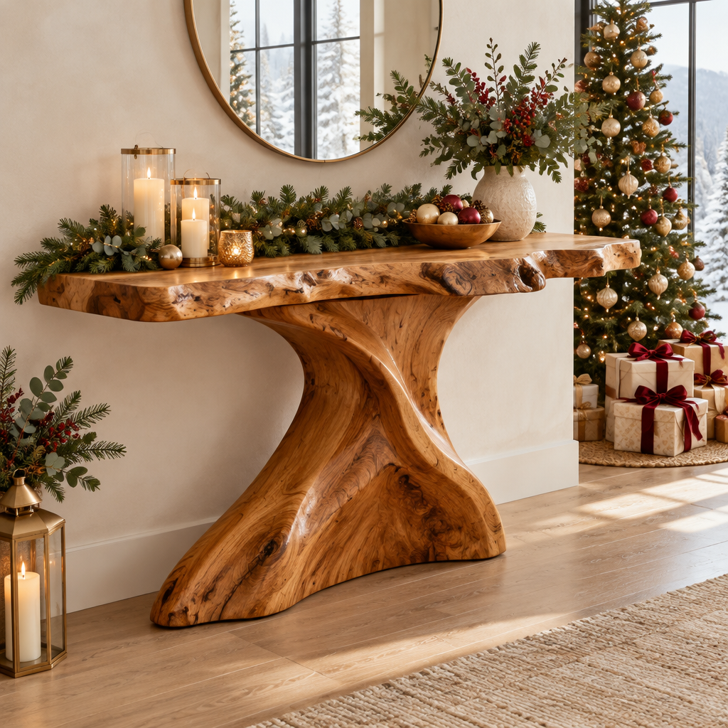 Riverbend Live-Edge Sculpted Console in a Christmas home