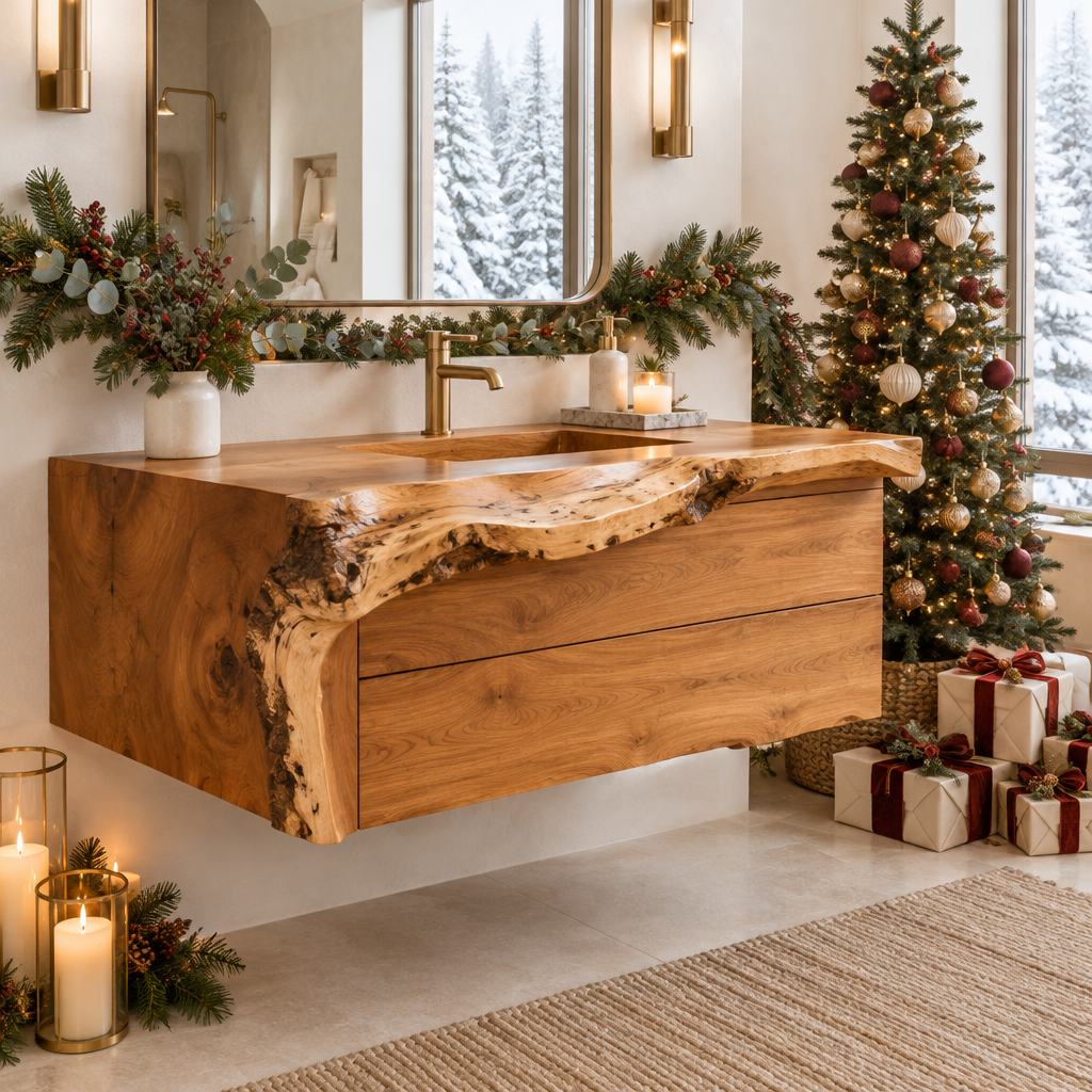 Riverbend Live-Edge Drawer Vanity in a Christmas home