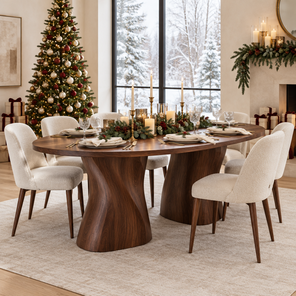 Atelier Twin-Wave Pedestal Dining Table in a Christmas home