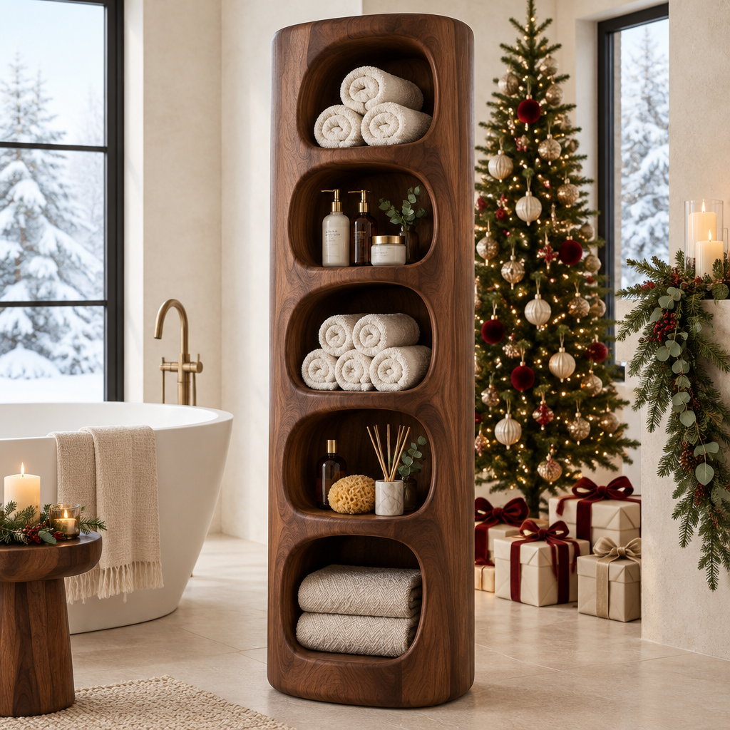 Atelier Sculpted Bath Storage Tower in a Christmas home