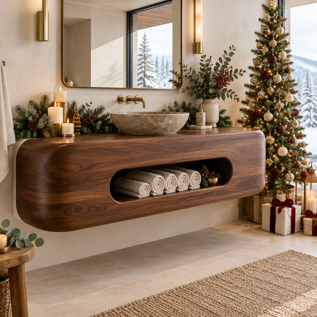 Atelier Hollow Niche Floating Vanity in a Christmas home