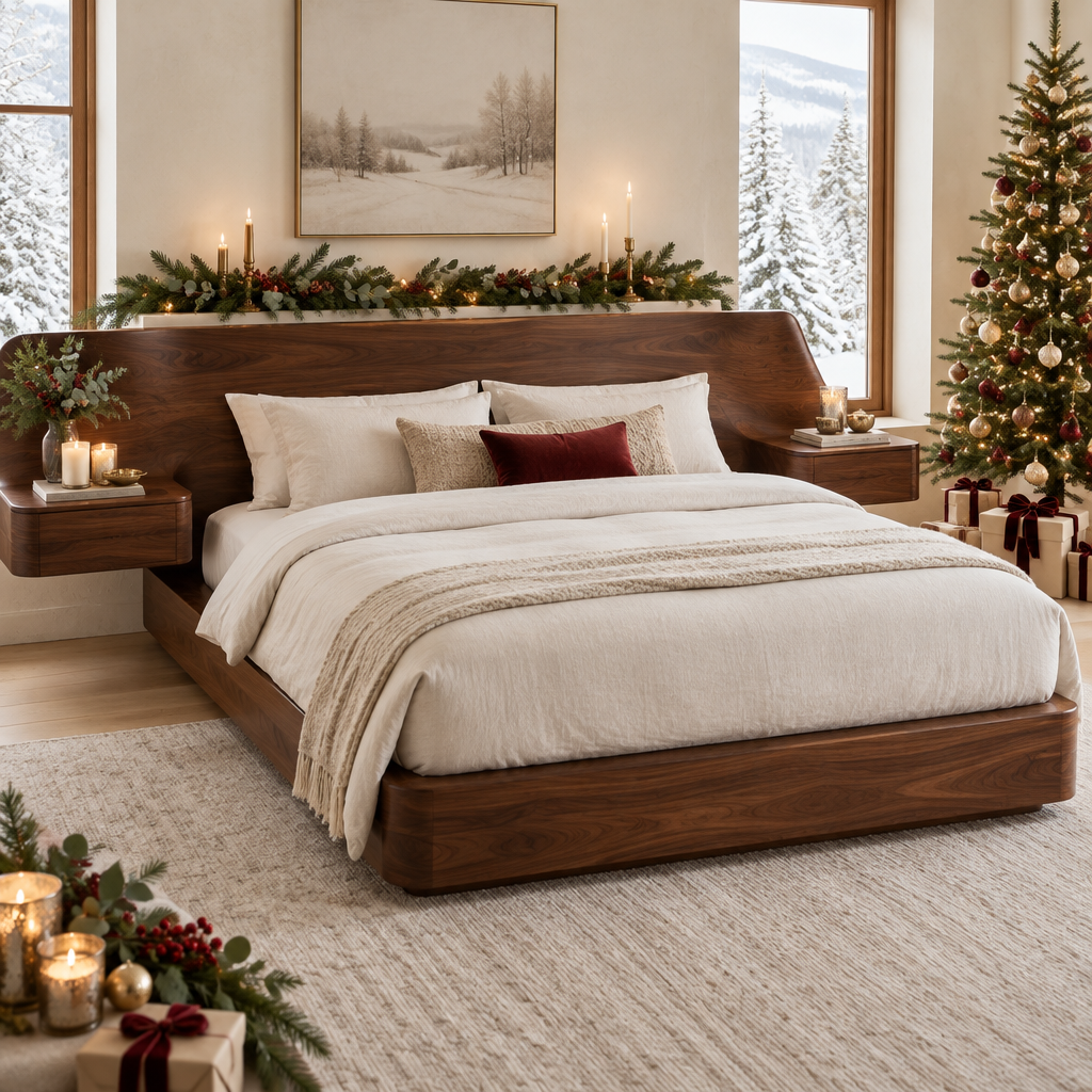 Atelier Sculpted Bed with Floating Nightstands in a Christmas home