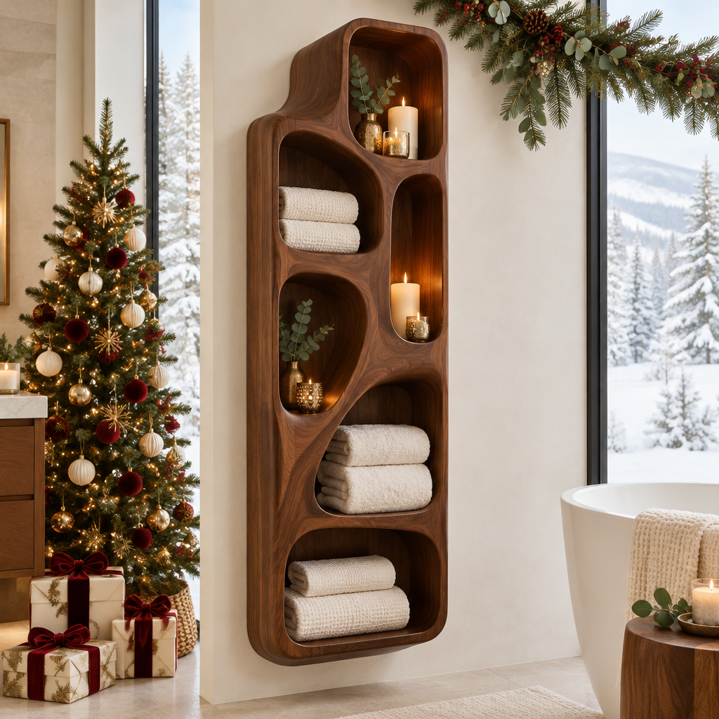 Atelier Sculpted Spa Wall Shelf in a Christmas home