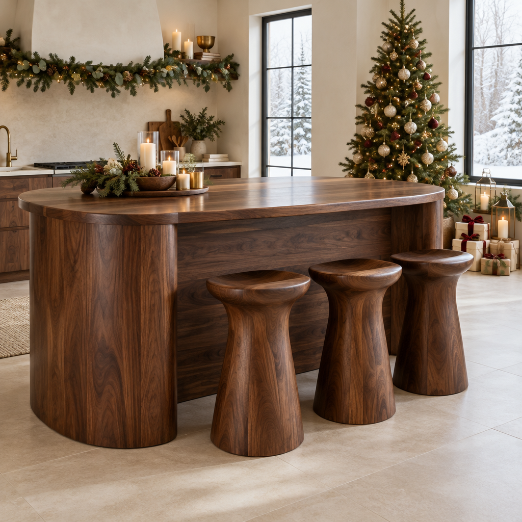 Atelier Sculpted Kitchen Island Counter in a Christmas home
