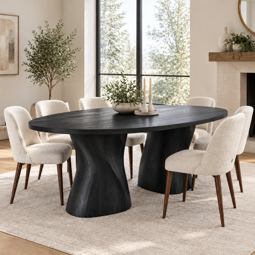 Atelier Twin-Wave Pedestal Dining Table in Ebonized Black finish