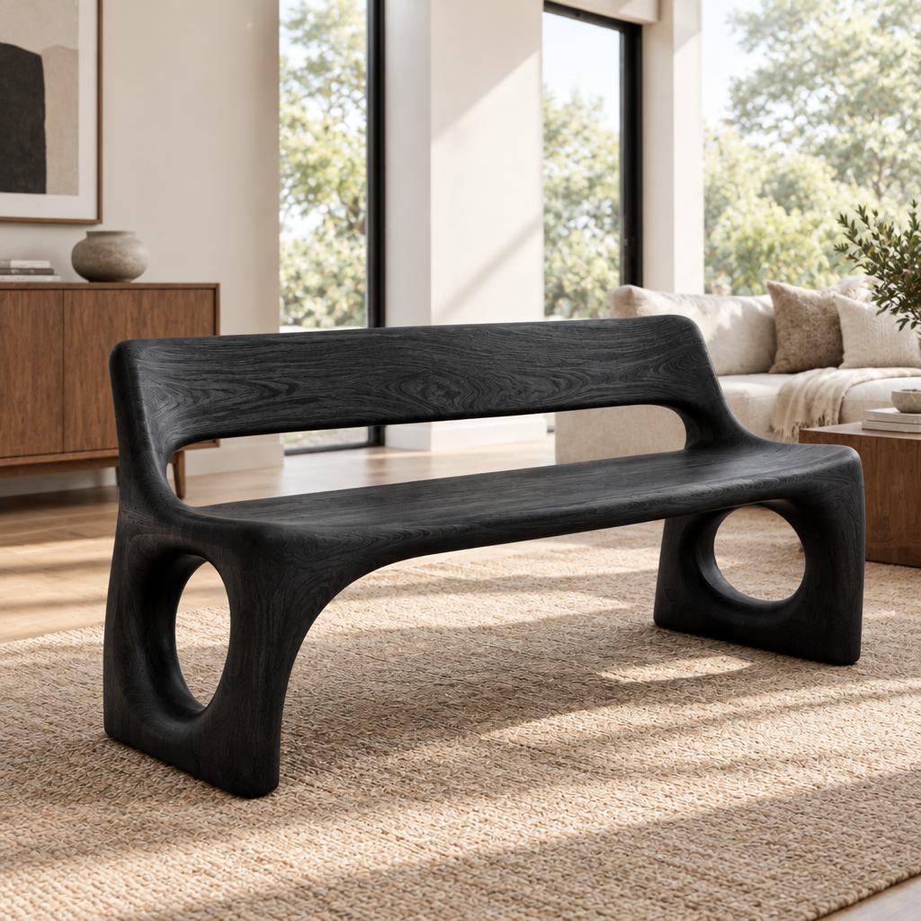 Atelier Sculpted Garden Bench in Ebonized Black finish
