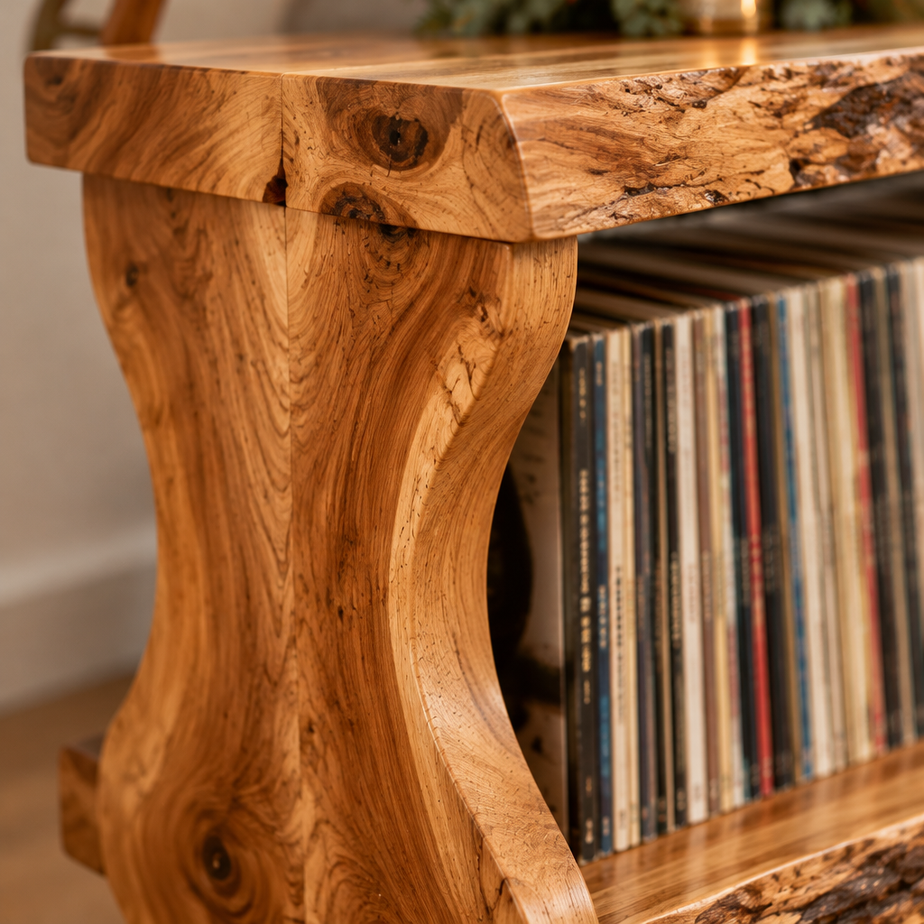 Riverbend Live-Edge Record Stand wood grain close-up
