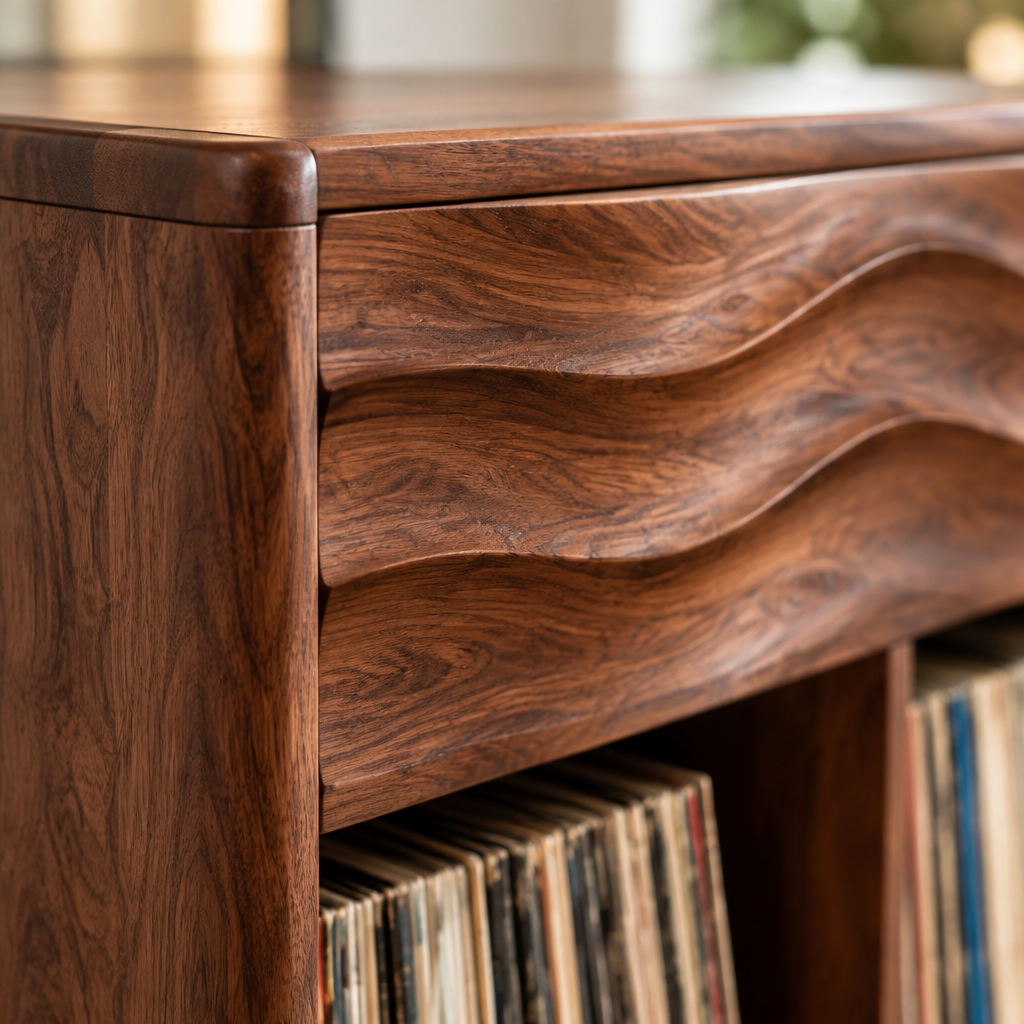 Atelier Wave Vinyl Console wood grain close-up