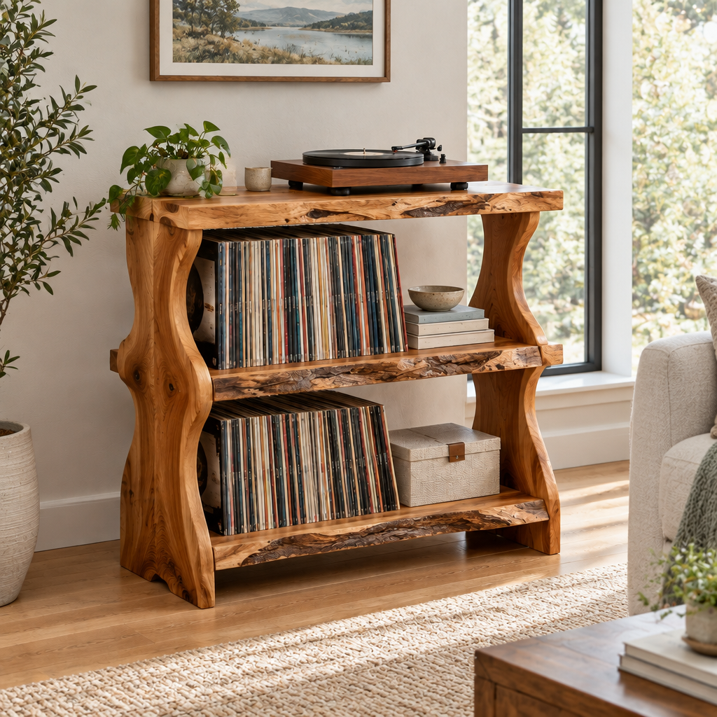 Riverbend Live-Edge Record Stand in a living space