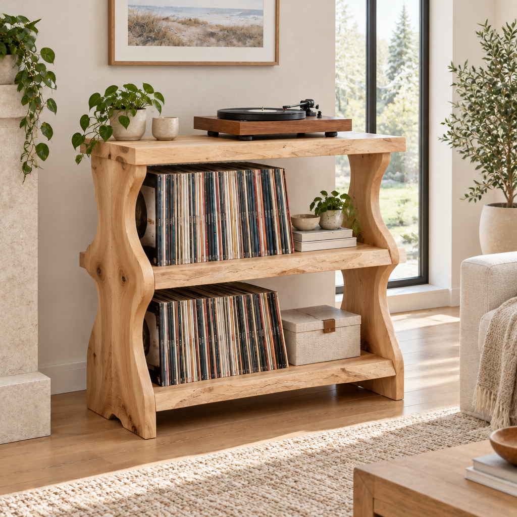 Riverbend Live-Edge Record Stand in Light Natural finish