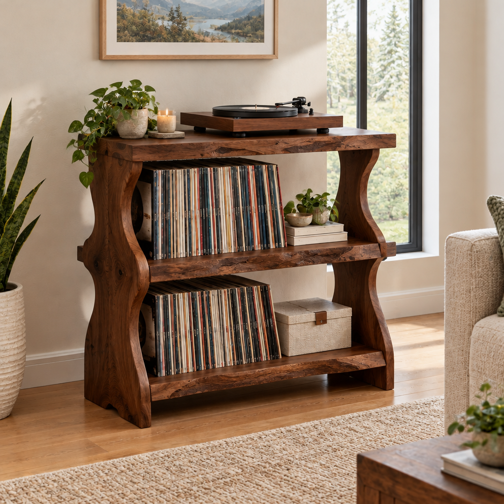Riverbend Live-Edge Record Stand in Dark Walnut Stain finish