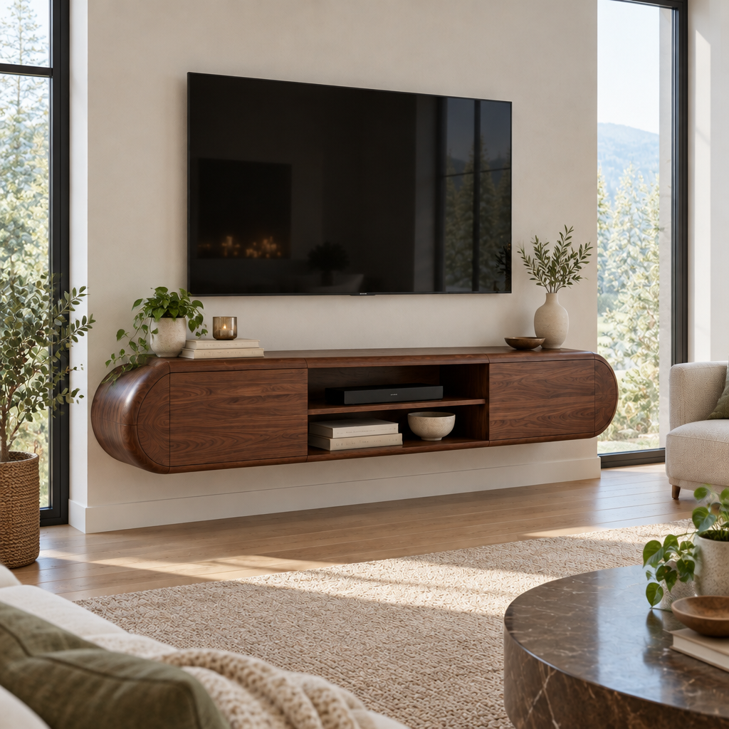 Atelier Rounded Floating TV Console in a living space