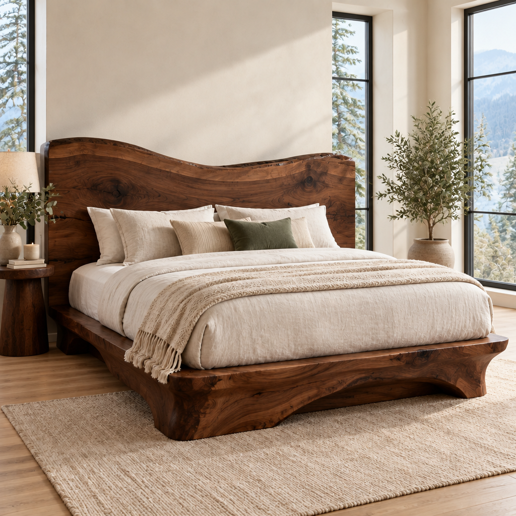 Riverbend Live-Edge Headboard Bed in Dark Walnut Stain finish