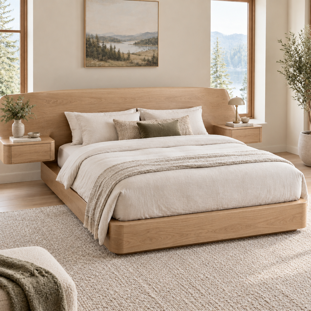 Atelier Sculpted Bed with Floating Nightstands in Natural Oak finish