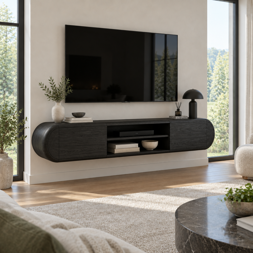 Atelier Rounded Floating TV Console in Ebonized Black finish