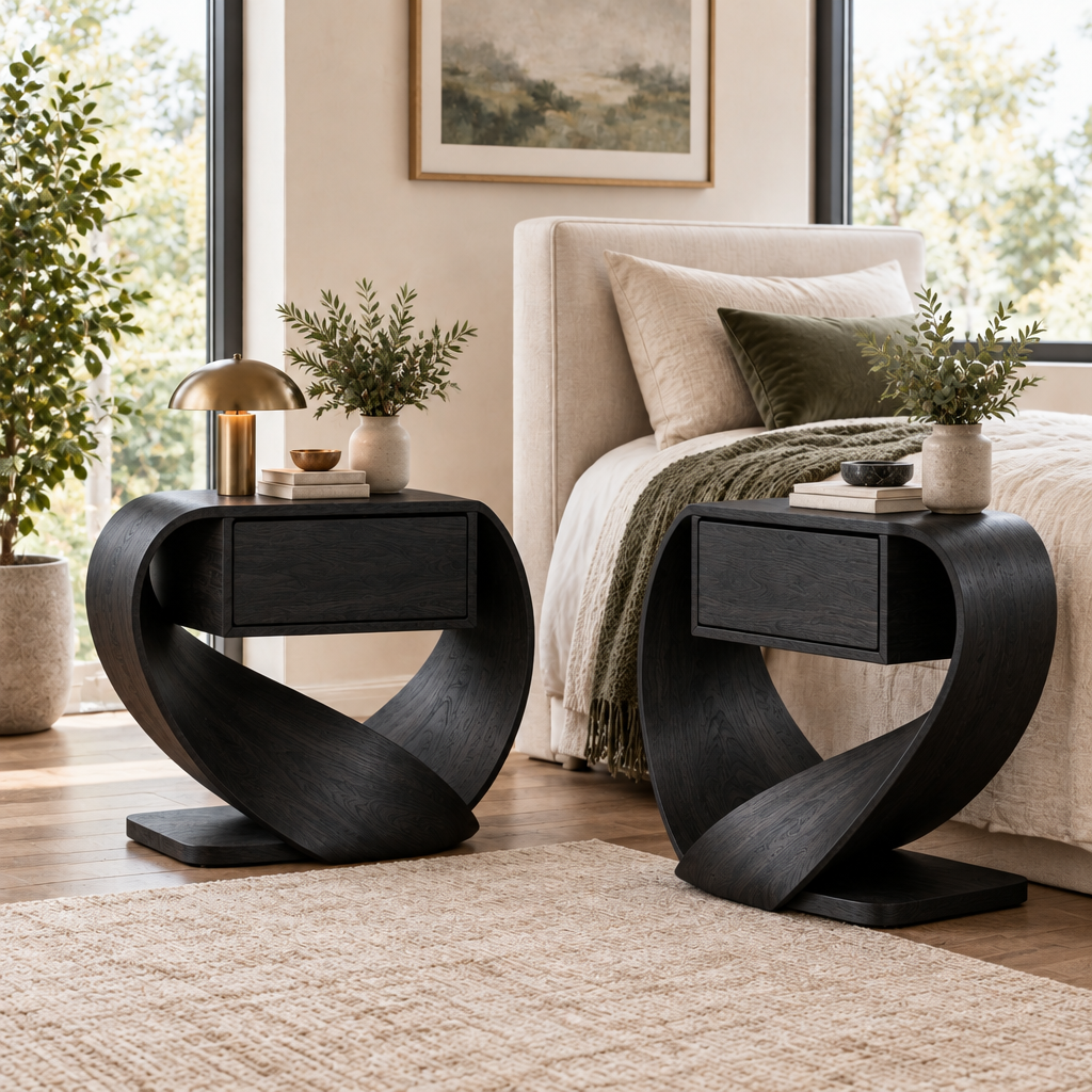 Atelier Ribbon Nightstands, Set of 2 in Ebonized Black finish