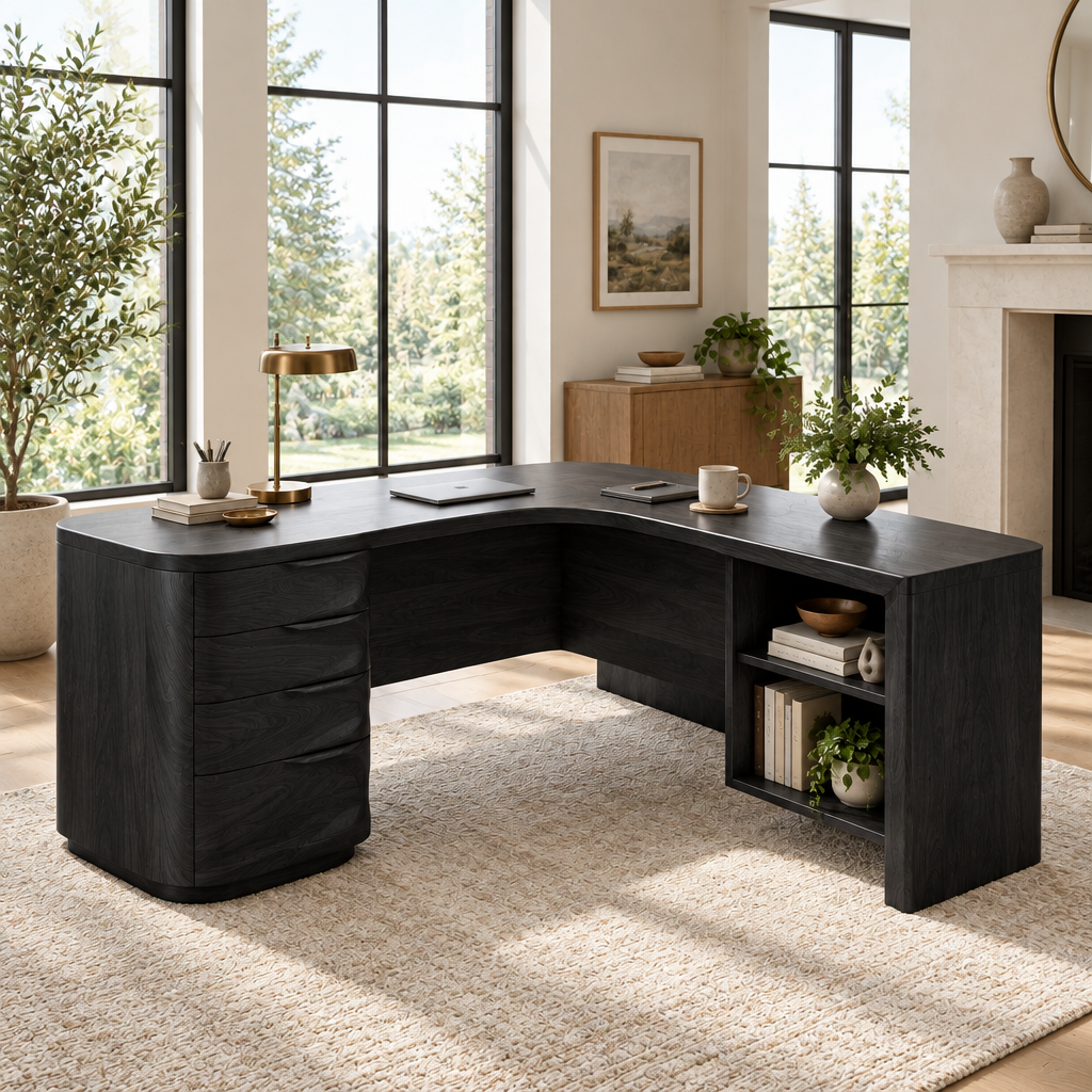 Atelier Executive L-Shaped Desk in Ebonized Black finish