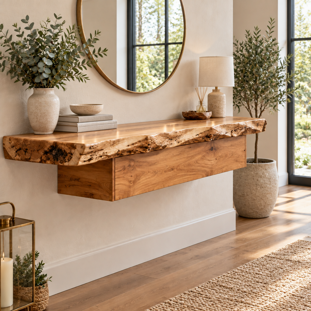 Riverbend Live-Edge Floating Console in a living space
