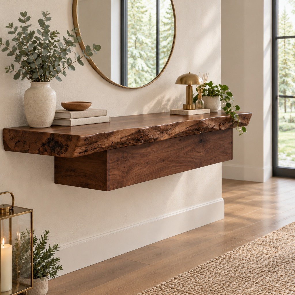 Riverbend Live-Edge Floating Console in Dark Walnut Stain finish
