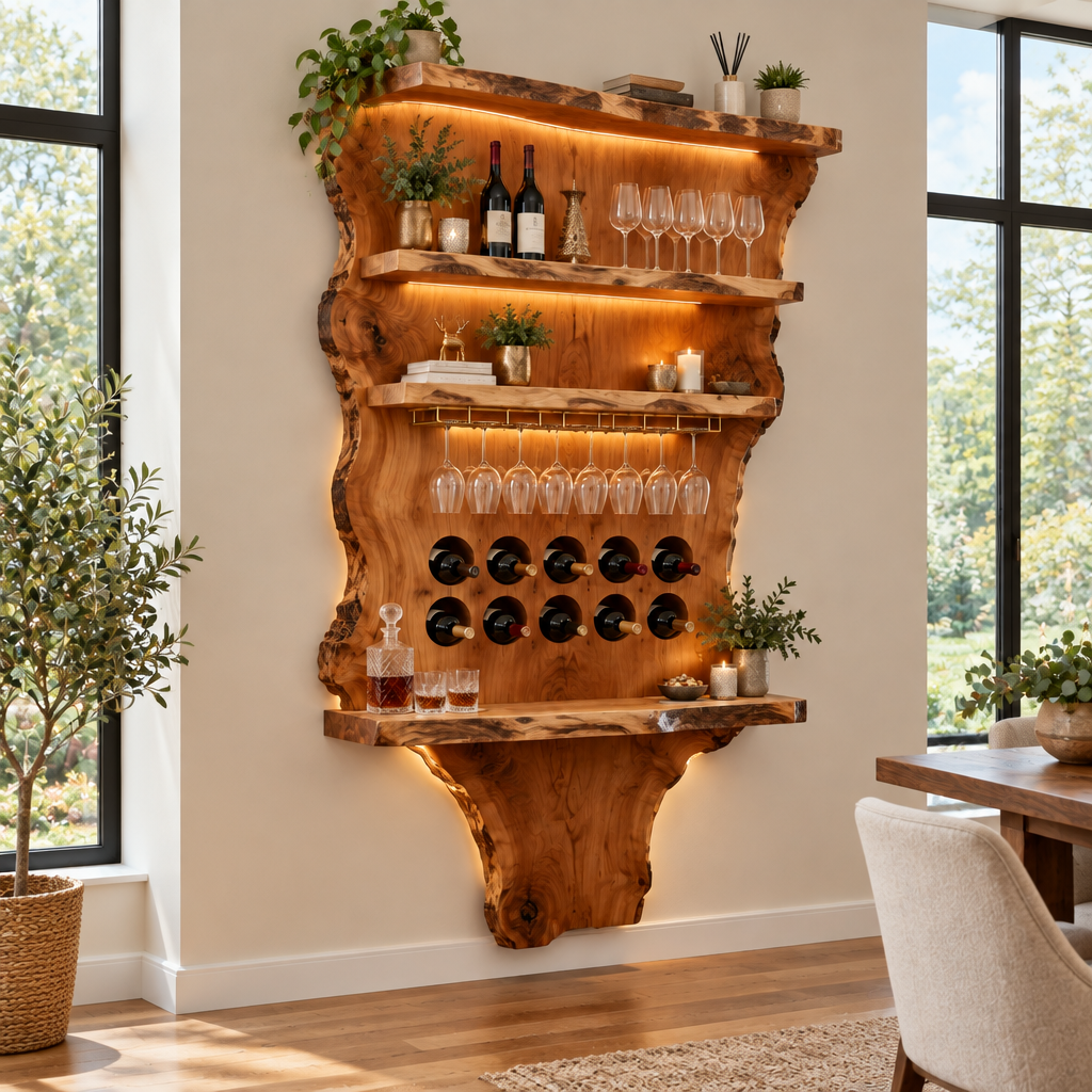 Riverbend Live-Edge Wine Bar Wall in a living space