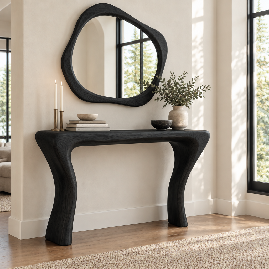 Atelier Console and Organic Mirror Set in Ebonized Black finish