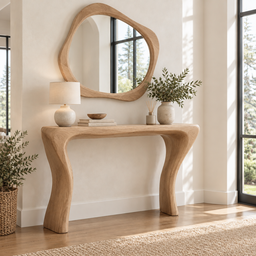 Atelier Console and Organic Mirror Set in Natural Oak finish