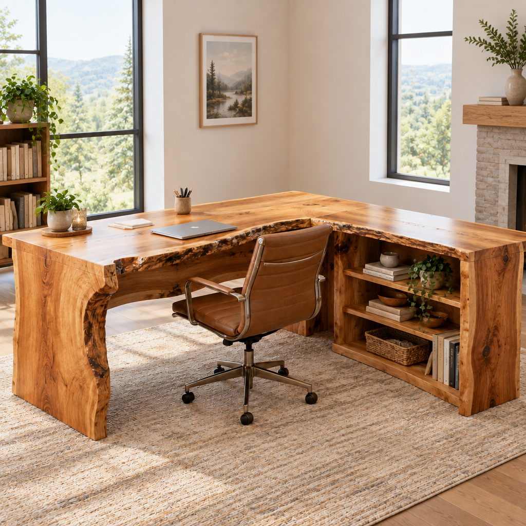 Riverbend Live-Edge L-Desk with Shelves in a living space