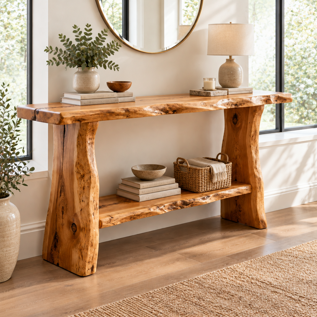 Riverbend Live-Edge Console with Lower Shelf in a living space