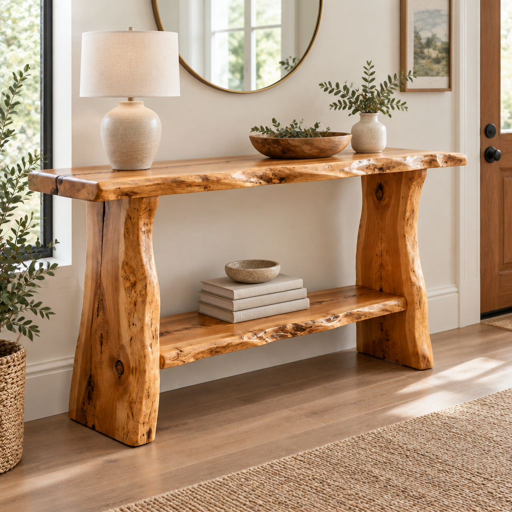Riverbend Live-Edge Console with Lower Shelf in use