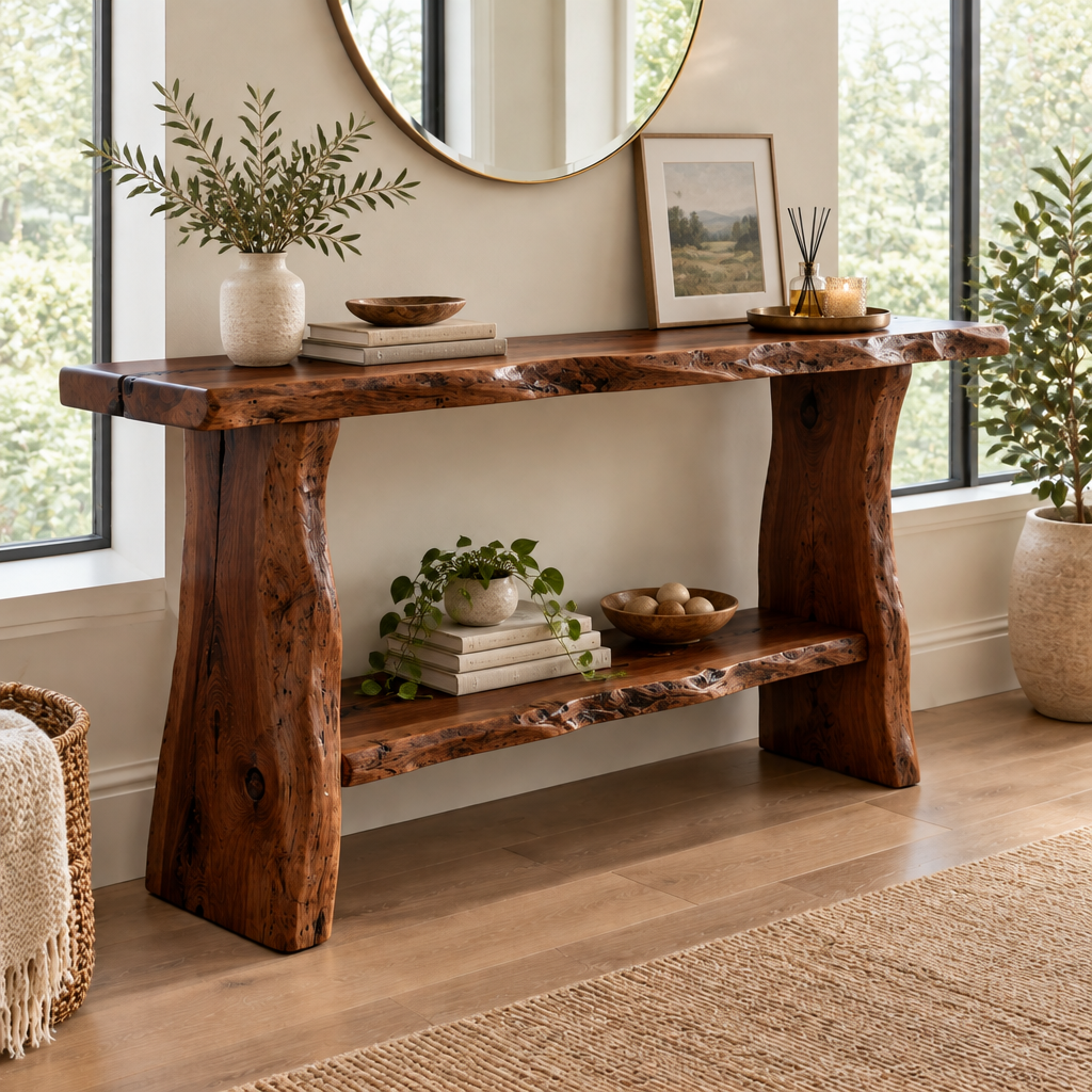 Riverbend Live-Edge Console with Lower Shelf in Dark Walnut Stain finish