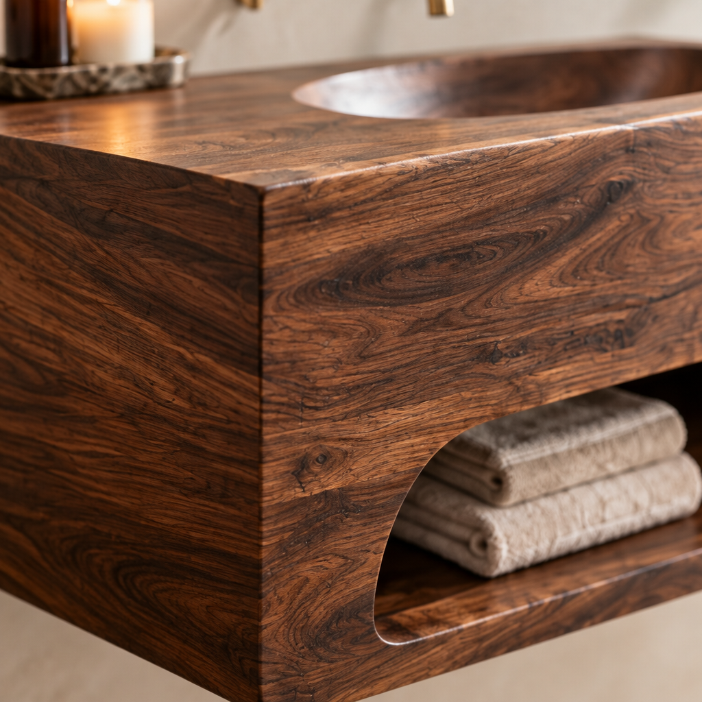 Atelier Carved-Basin Floating Vanity wood grain close-up