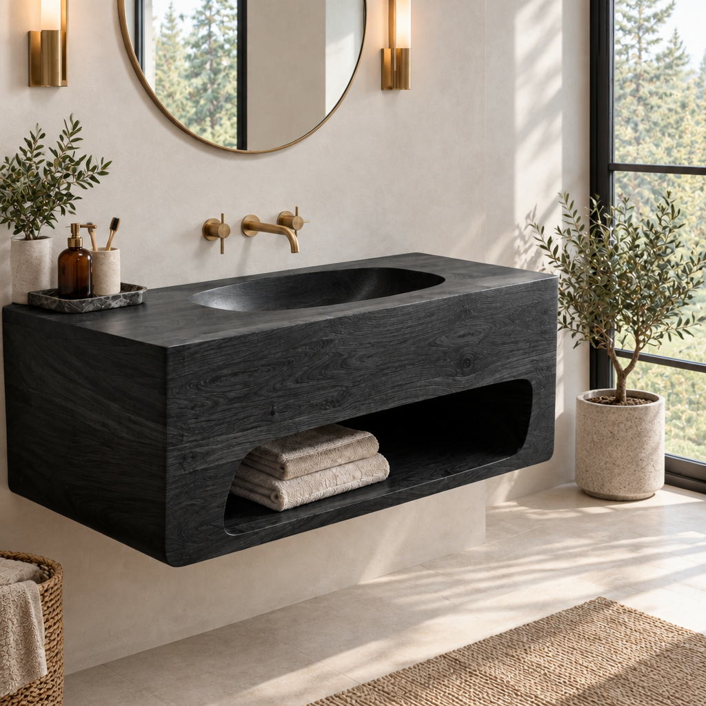 Atelier Carved-Basin Floating Vanity in Ebonized Black finish