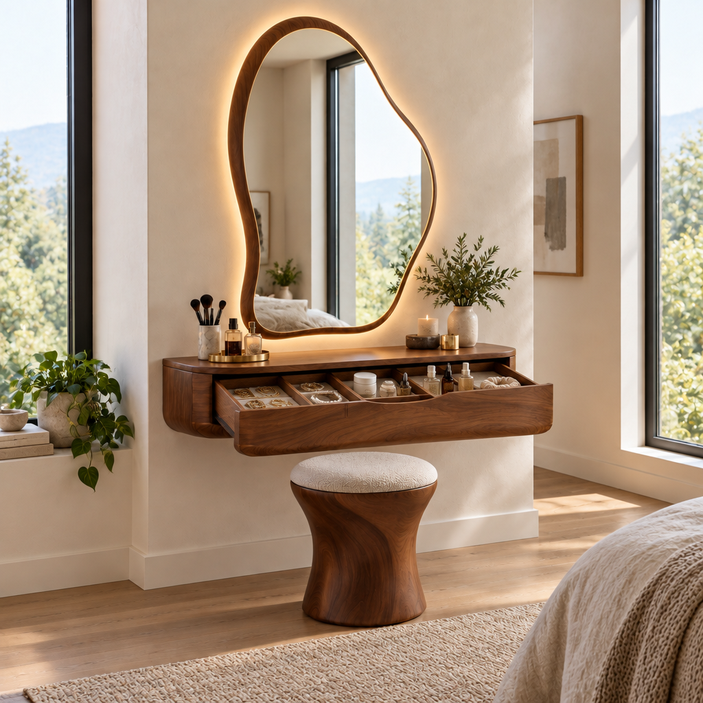 Atelier Floating Makeup Vanity with LED Mirror in use