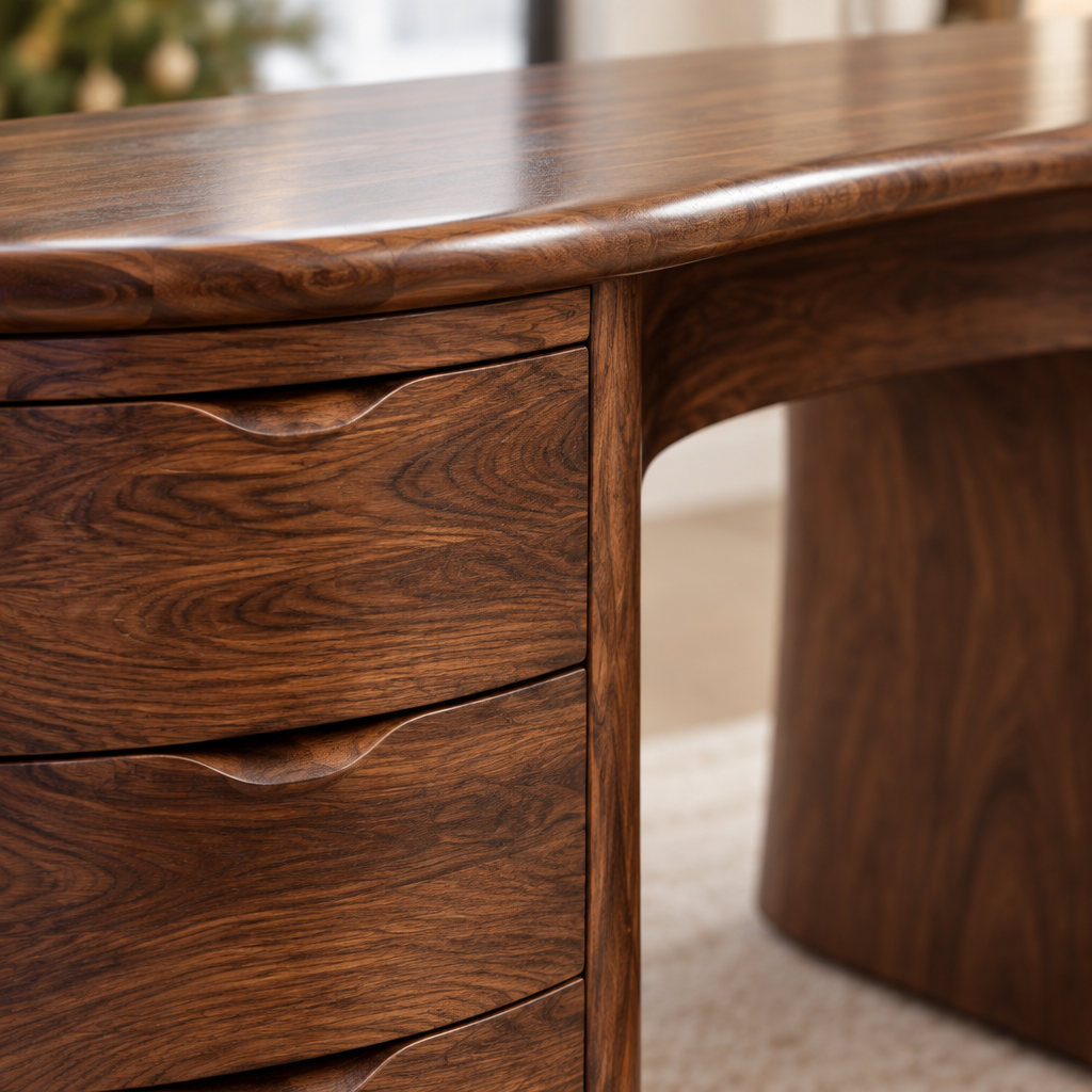 Atelier Curved Partner Desk wood grain close-up
