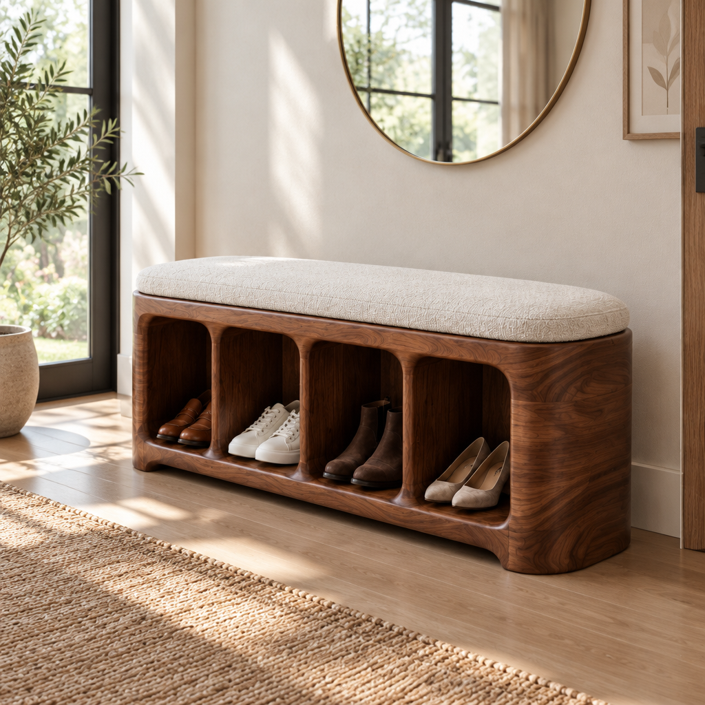 Atelier Sculpted Shoe Storage Bench side view