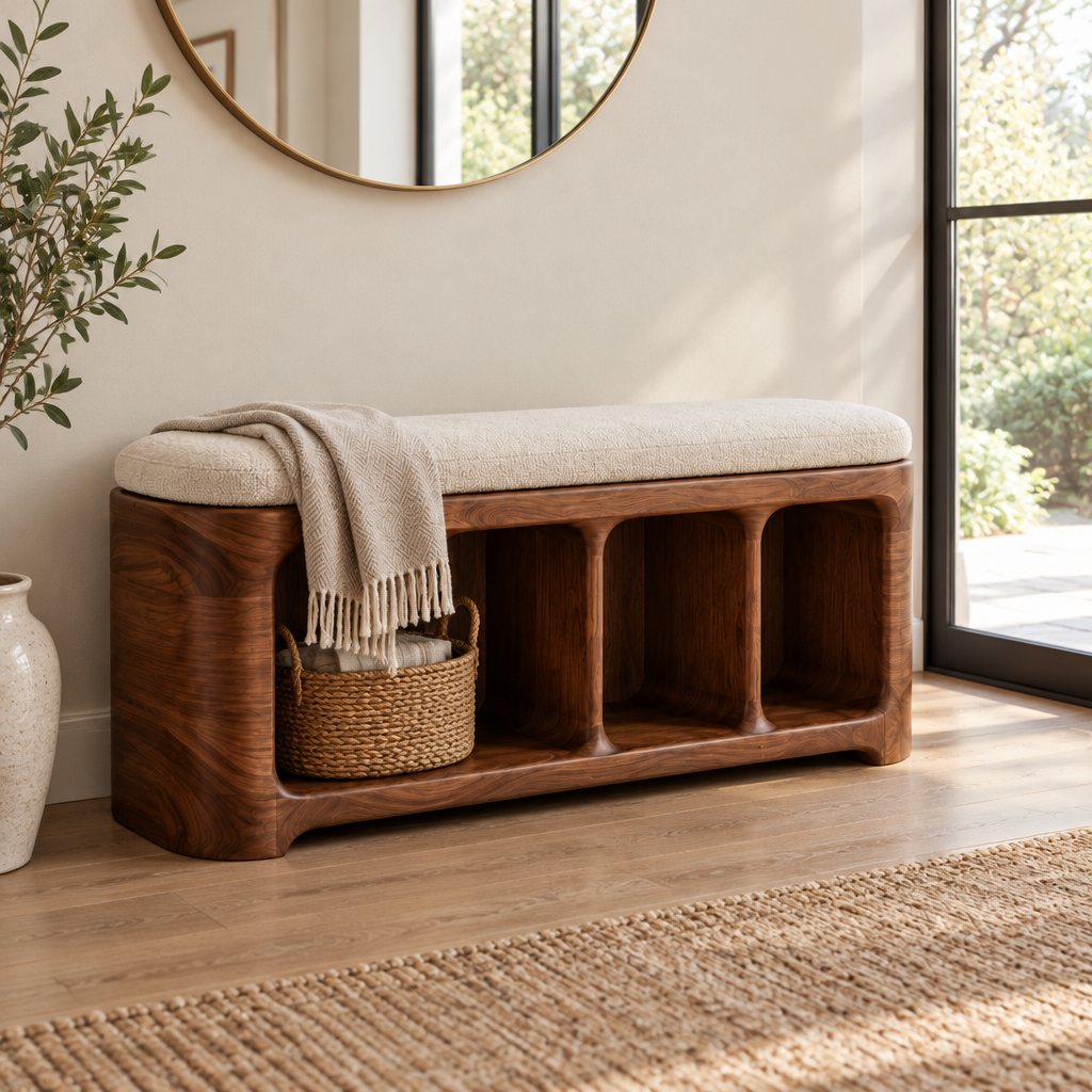 Atelier Sculpted Shoe Storage Bench in use