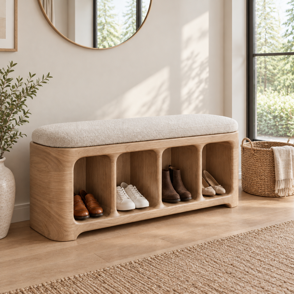 Atelier Sculpted Shoe Storage Bench in Natural Oak finish