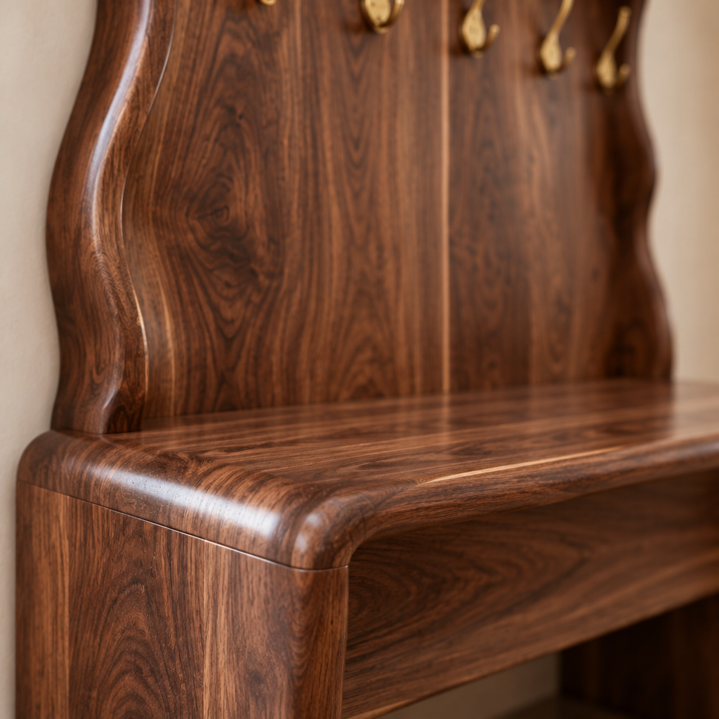 Atelier Wave Hall Tree with Bench wood grain close-up