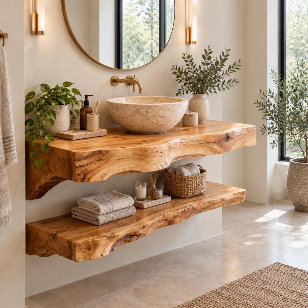Riverbend Live-Edge Vanity with Stone Vessel in a living space