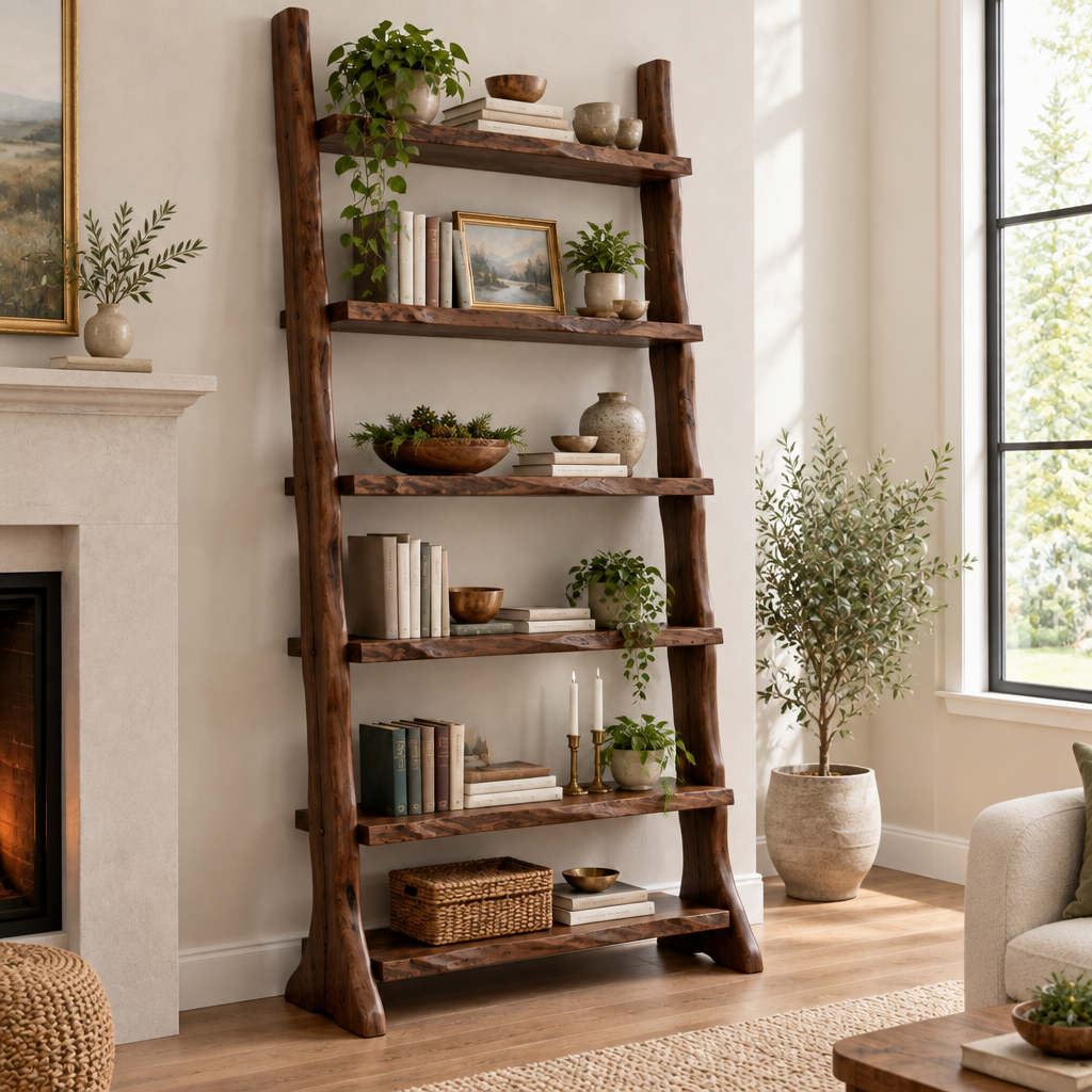 Riverbend Live-Edge Ladder Bookshelf in Dark Walnut Stain finish