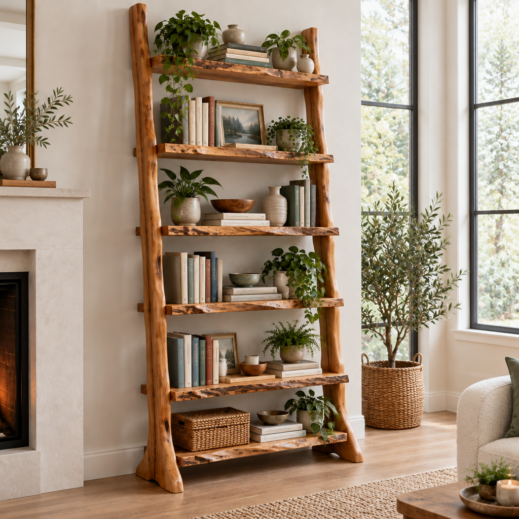 Riverbend Live-Edge Ladder Bookshelf in use