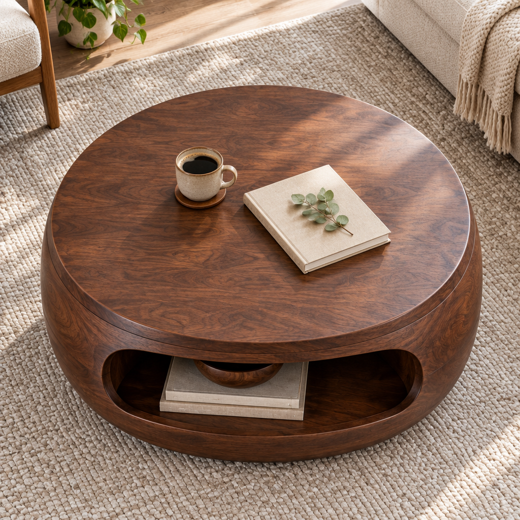 Atelier Drum Round Coffee Table with Shelf in use