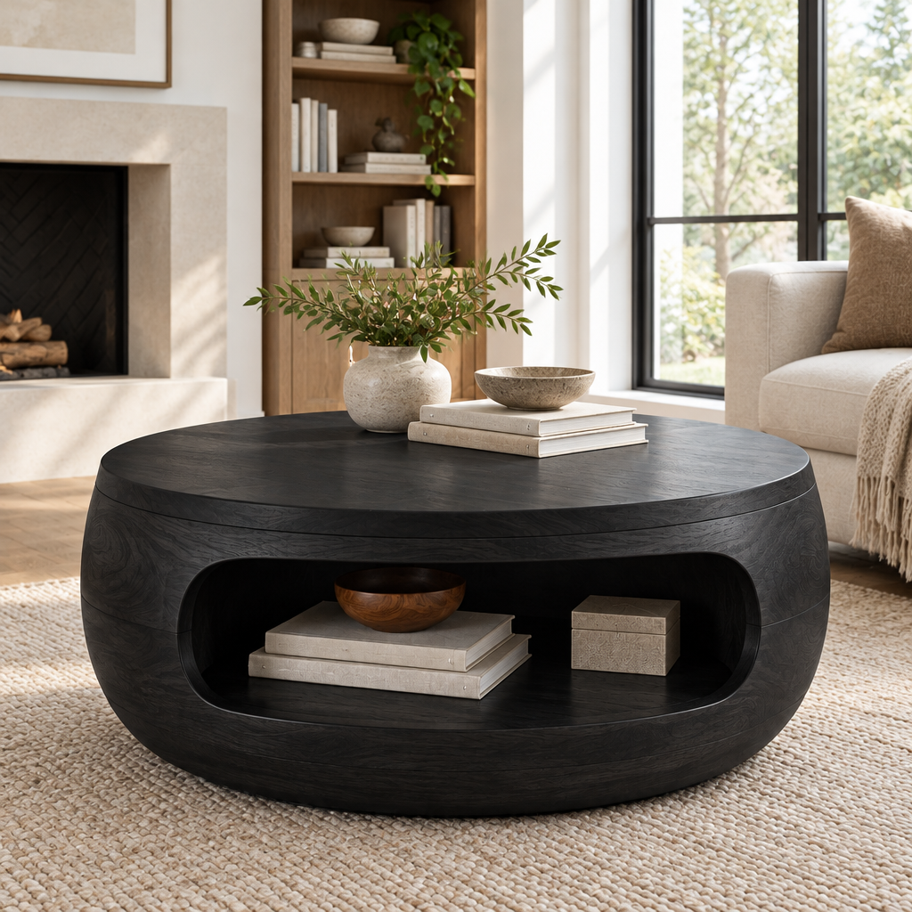 Atelier Drum Round Coffee Table with Shelf in Ebonized Black finish