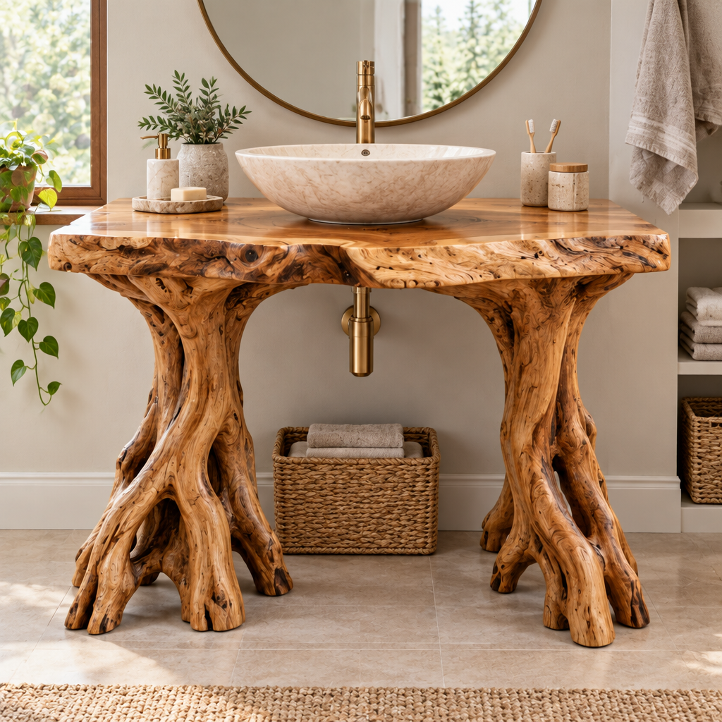 Riverbend Live-Edge Root-Leg Vanity in use