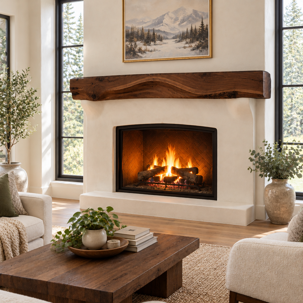 Riverbend Live-Edge Wave Mantel in Dark Walnut Stain finish